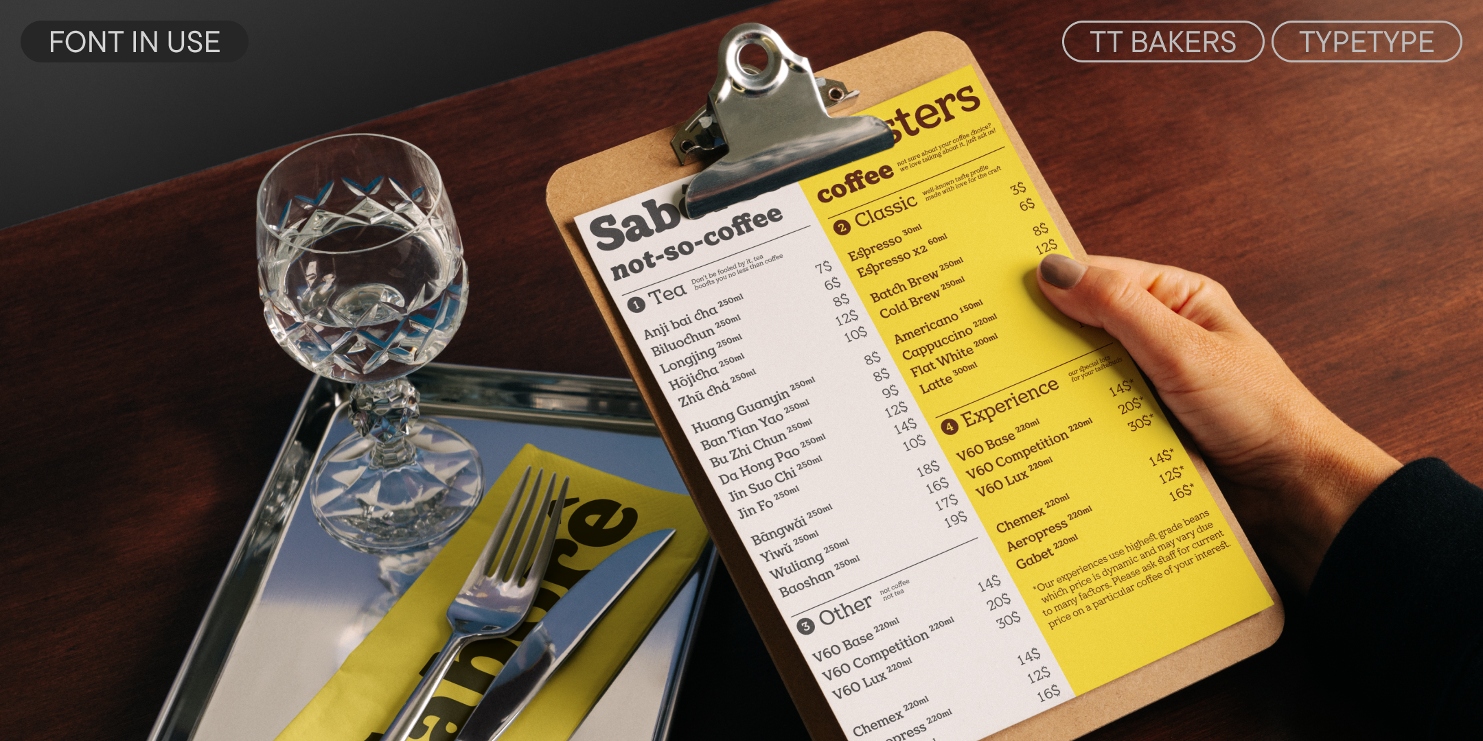 tt bakers on a café drinks menu clipped to a board