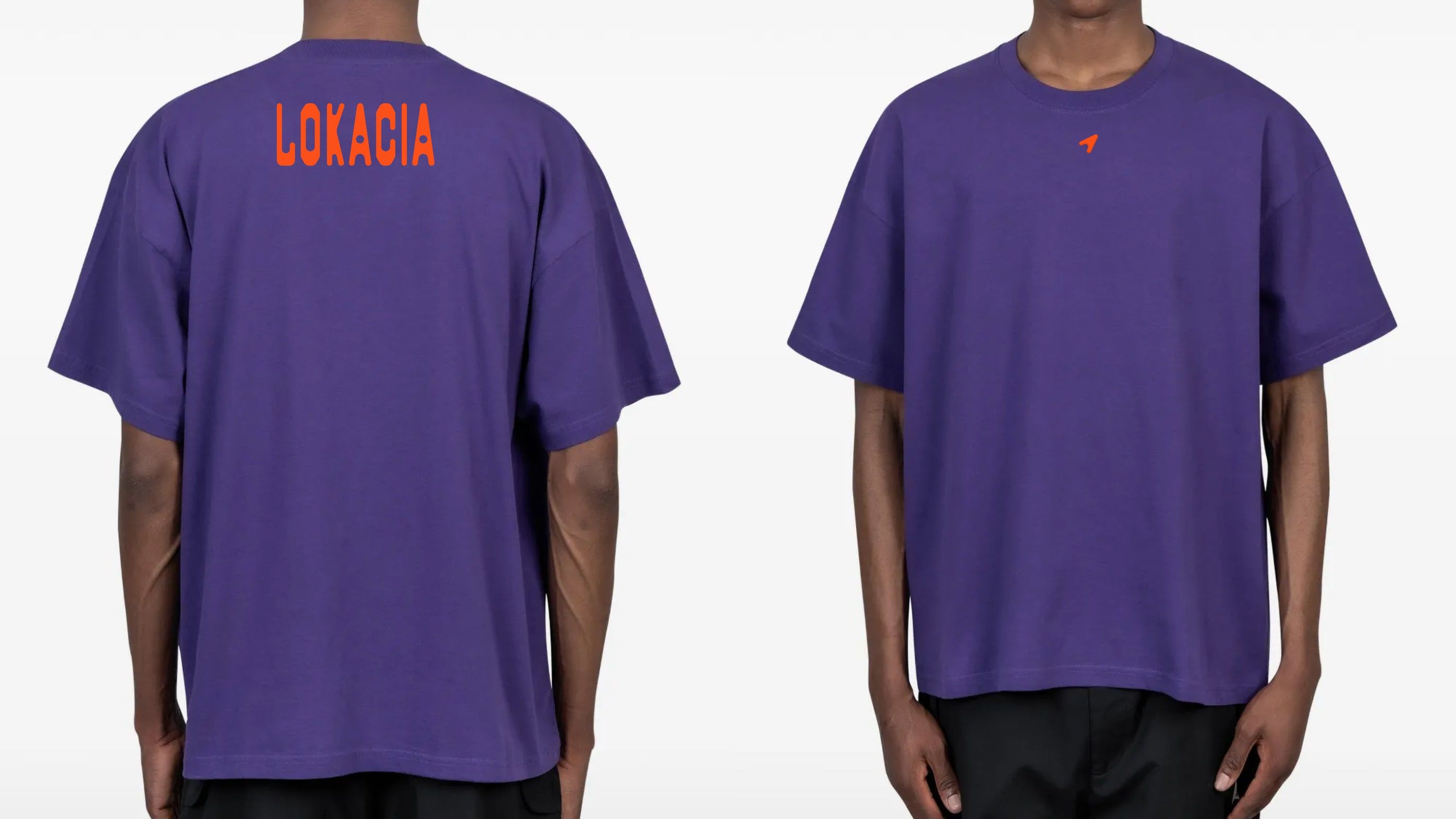 violet t-shirts, the wordmark in orange on the back and the pointer on the chest