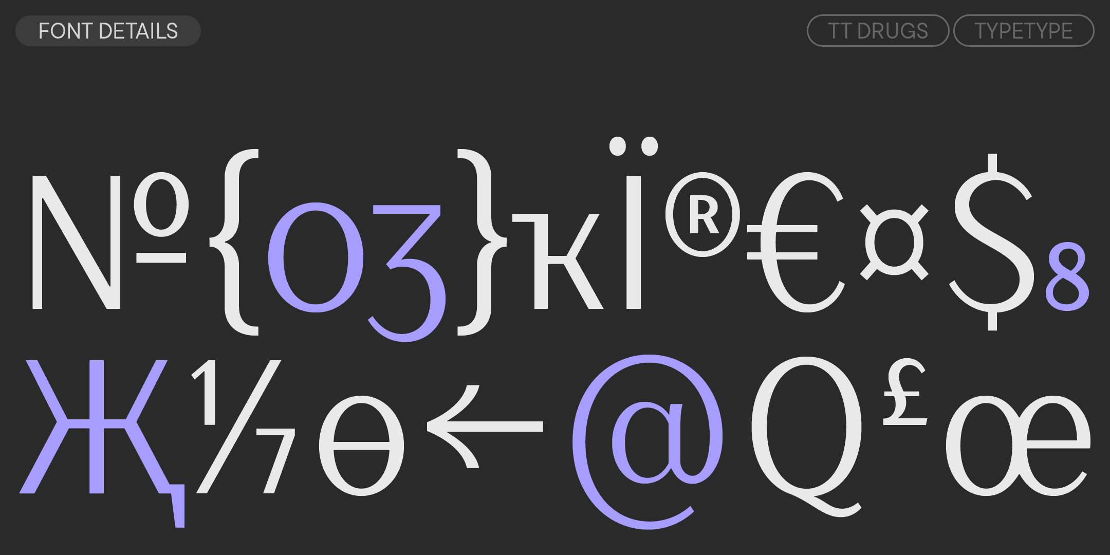 tt drugs numerals, currencies and symbols in white and purple on charcoal