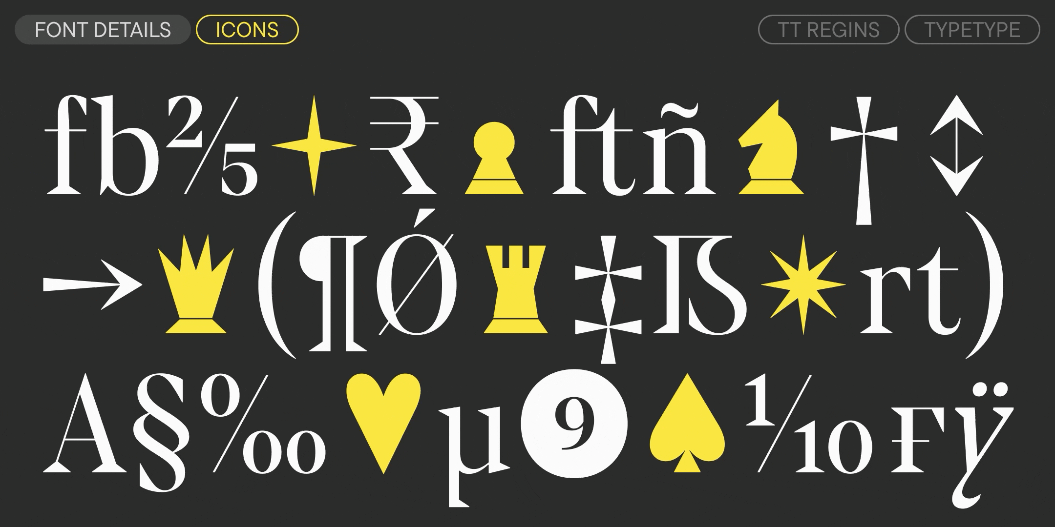 a still showing yellow chess and playing card icons among a dark tt regins character specimen