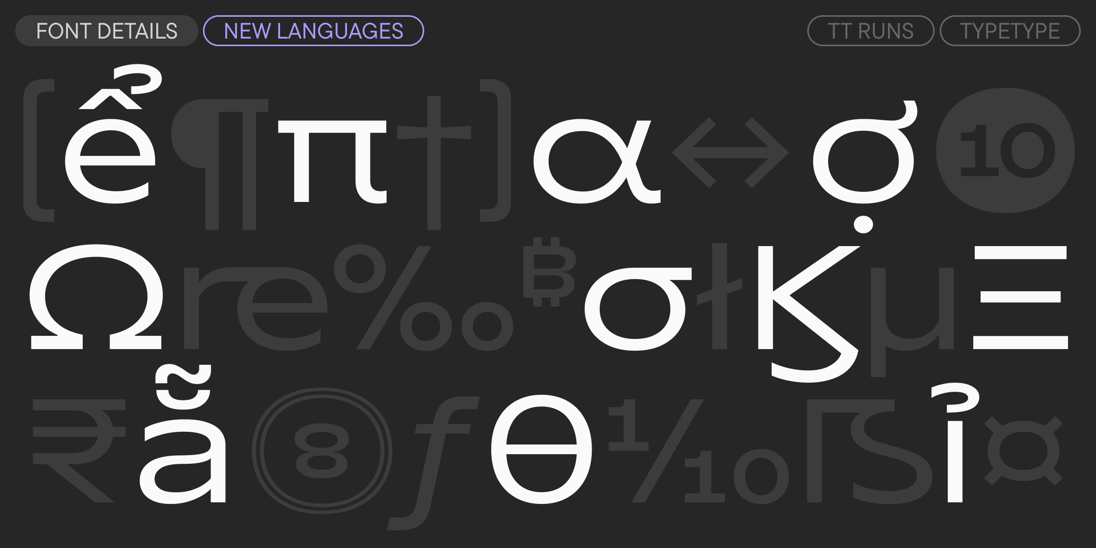 greek and vietnamese letterforms highlighted within a dark multilingual character specimen