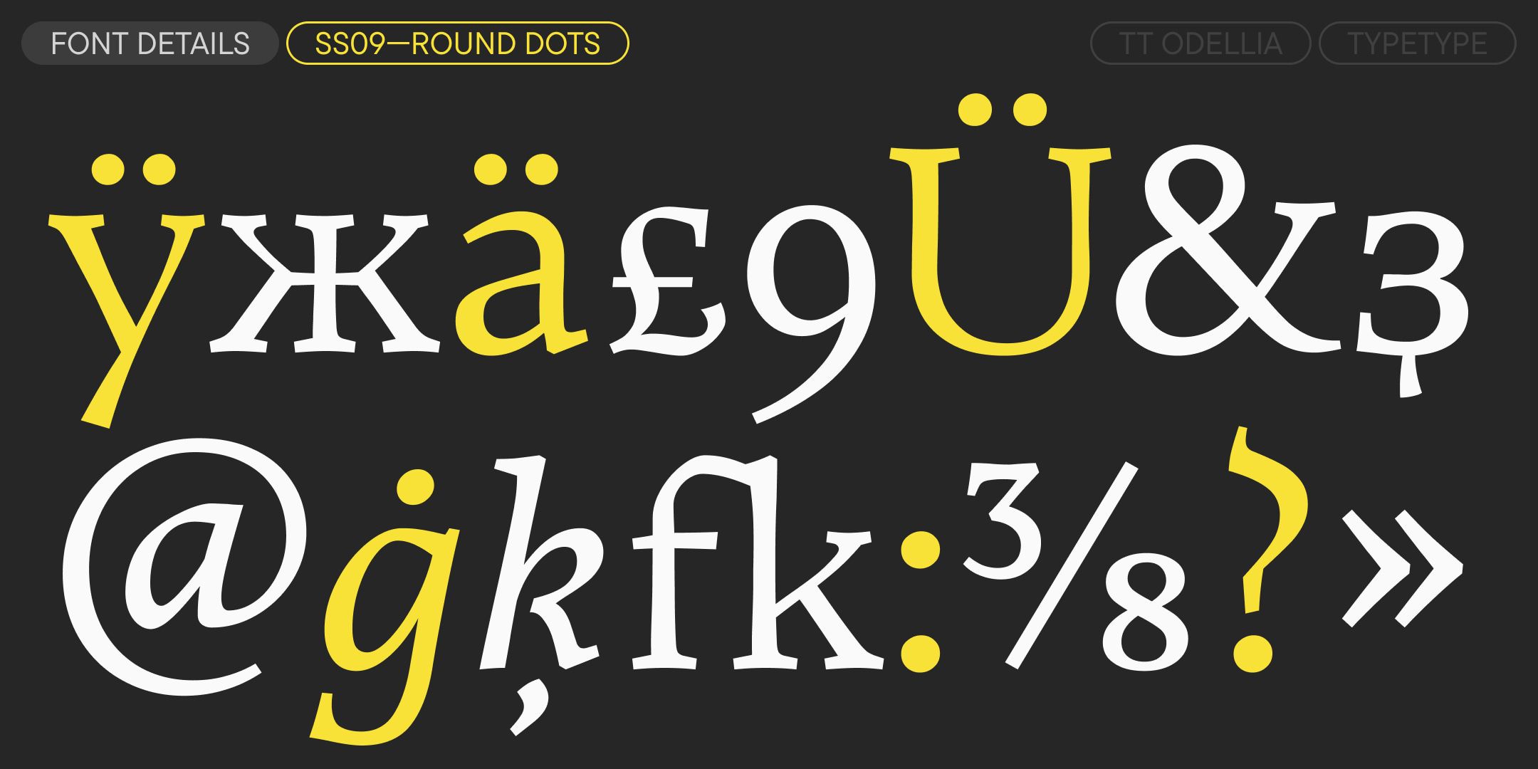 yellow round-dot alternates within a black and white character specimen